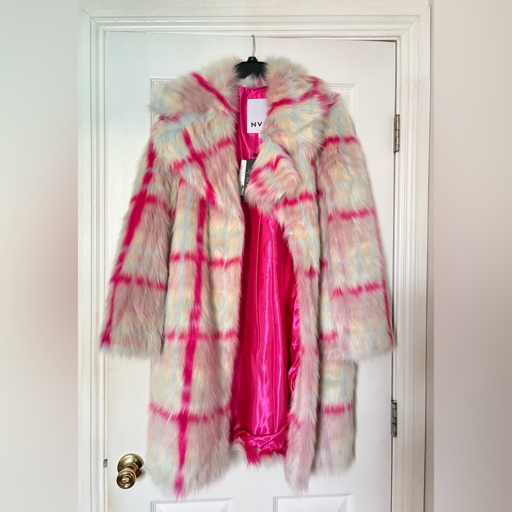 NEW Anthropologie NVLT Faux Fur Long Coat Ping Tartan Fuchsia Plaid S